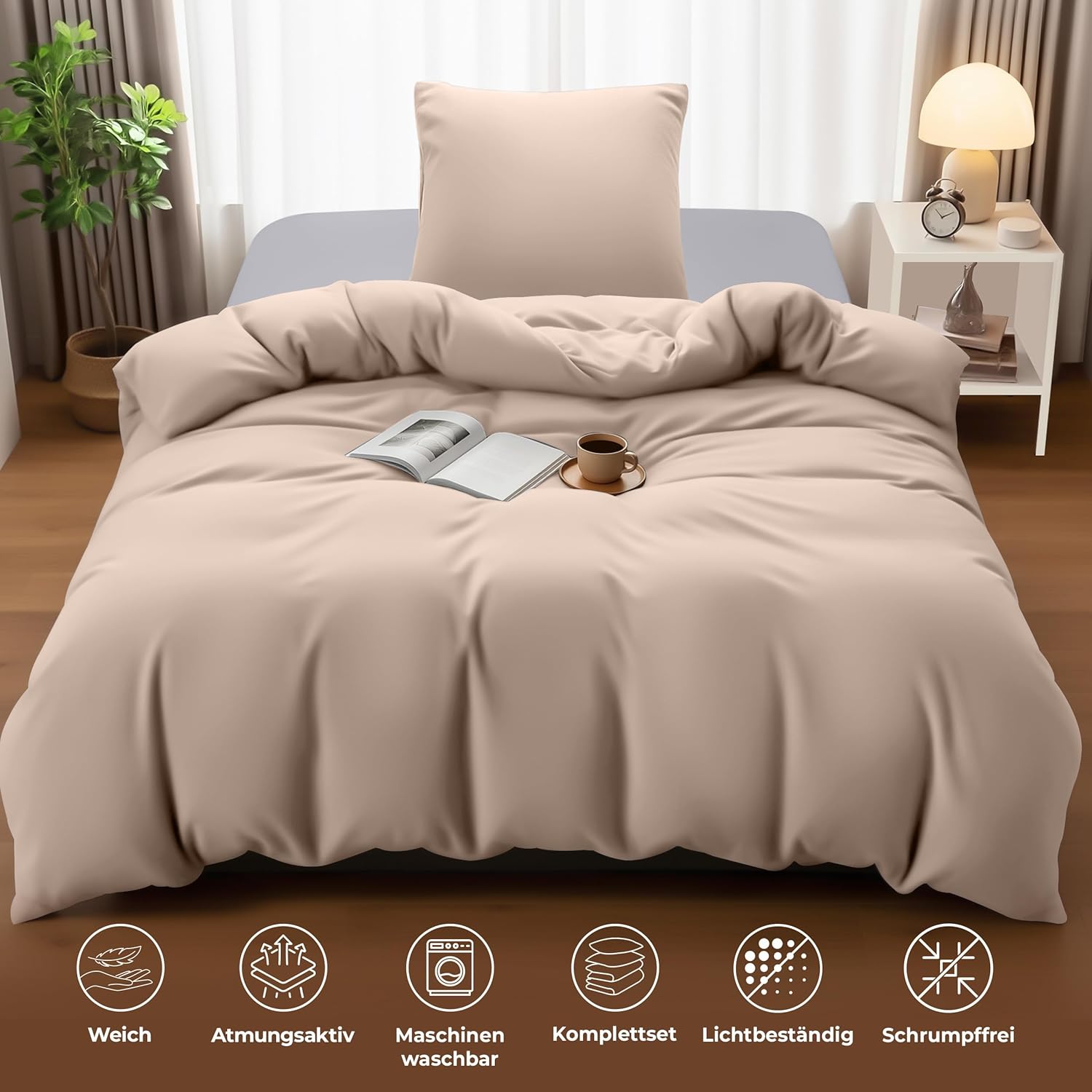 Thumbnail 4 de Utopia Bedding Bettwäsche-Set 135x200 (Mikrofaser) mit Bettbezug-Reißverschluss und Kissenbezug 80x80 – Beige