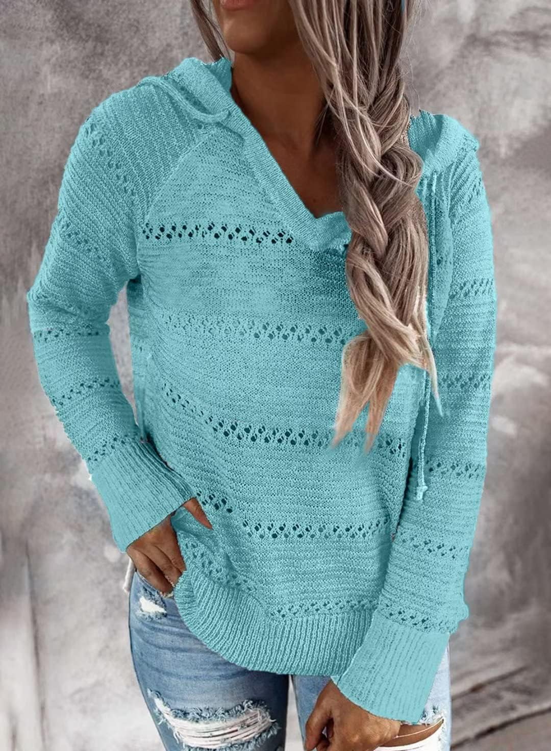 Thumbnail 1 de BLENCOT Color Block Hooded Crochet Sweater