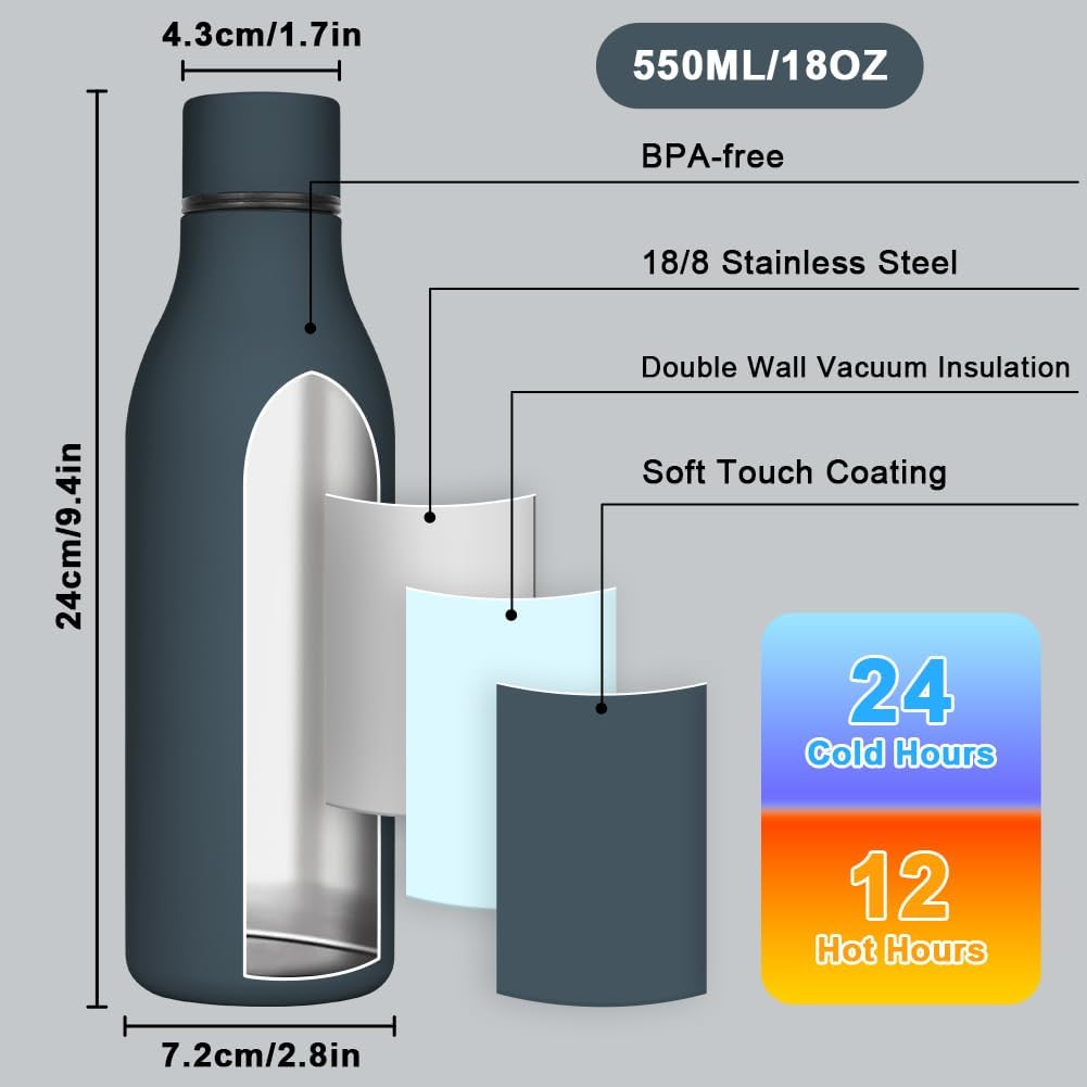 Detalle de flintronic 550ml Double-Wall Vacuum Insulated Water Bottle with Strap (Dark Blue) — Leak Proof, BPA Free
