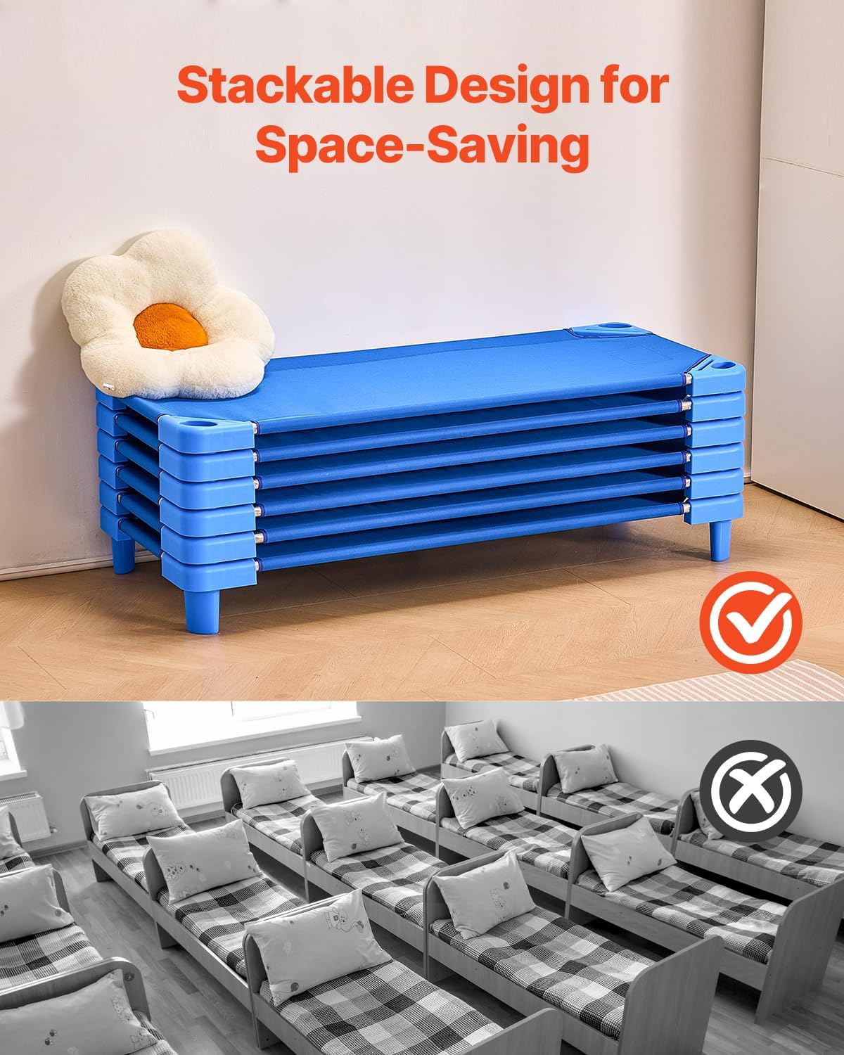 Detalle de VEVOR QL130-6 Stackable Kids Cots, 6-Pack, Blue, 52" x 23