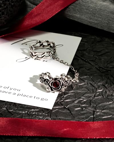 Detalle de Zikichiky Silver Rose Double Ring Chain Gothic Adjustable Ring for Women