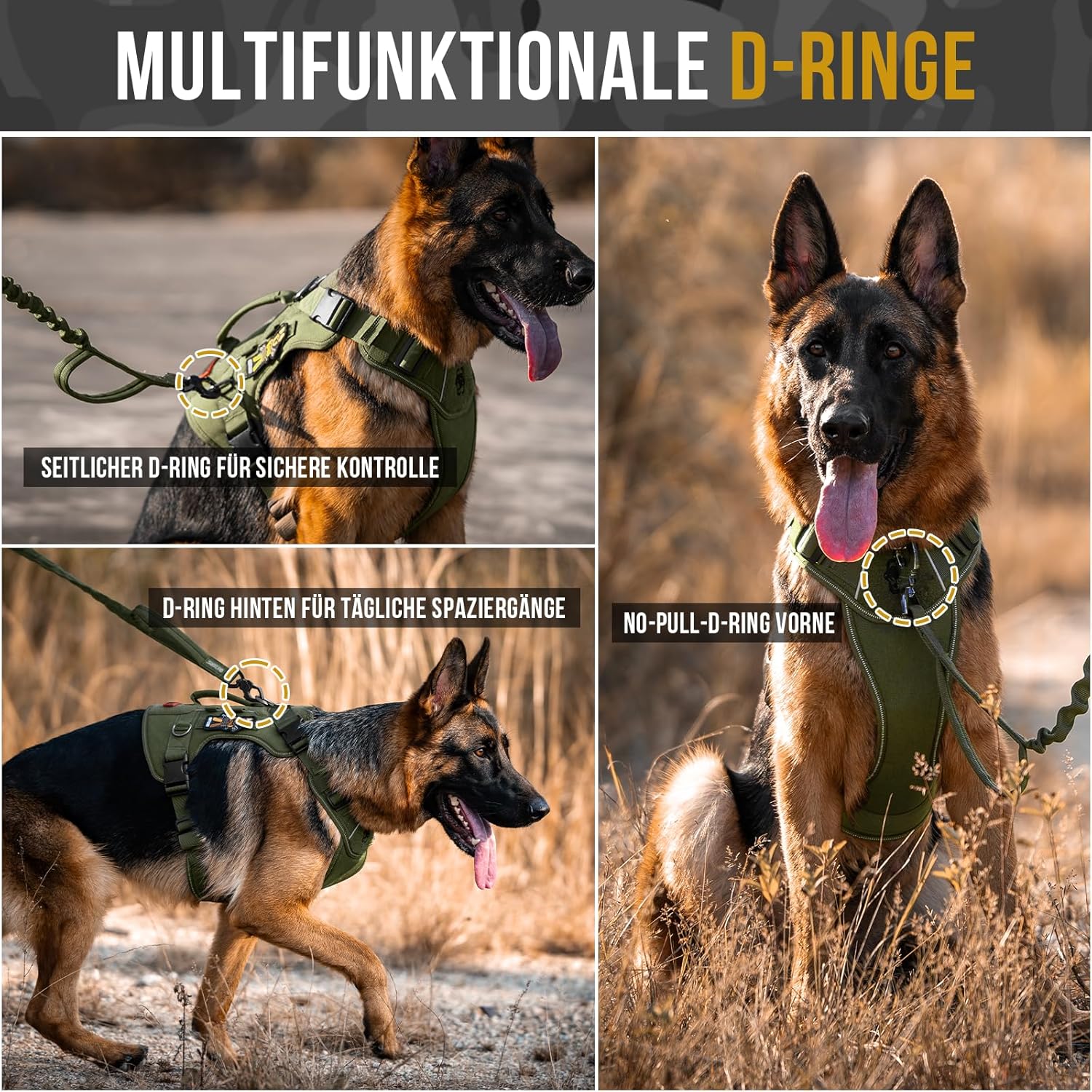 Detalle de OneTigris Harnais TACTICLITE pour chien de taille moyenne – harnais tactique résistant à la traction, 4 anneaux en D, bandes réfléchissantes, noir, taille M