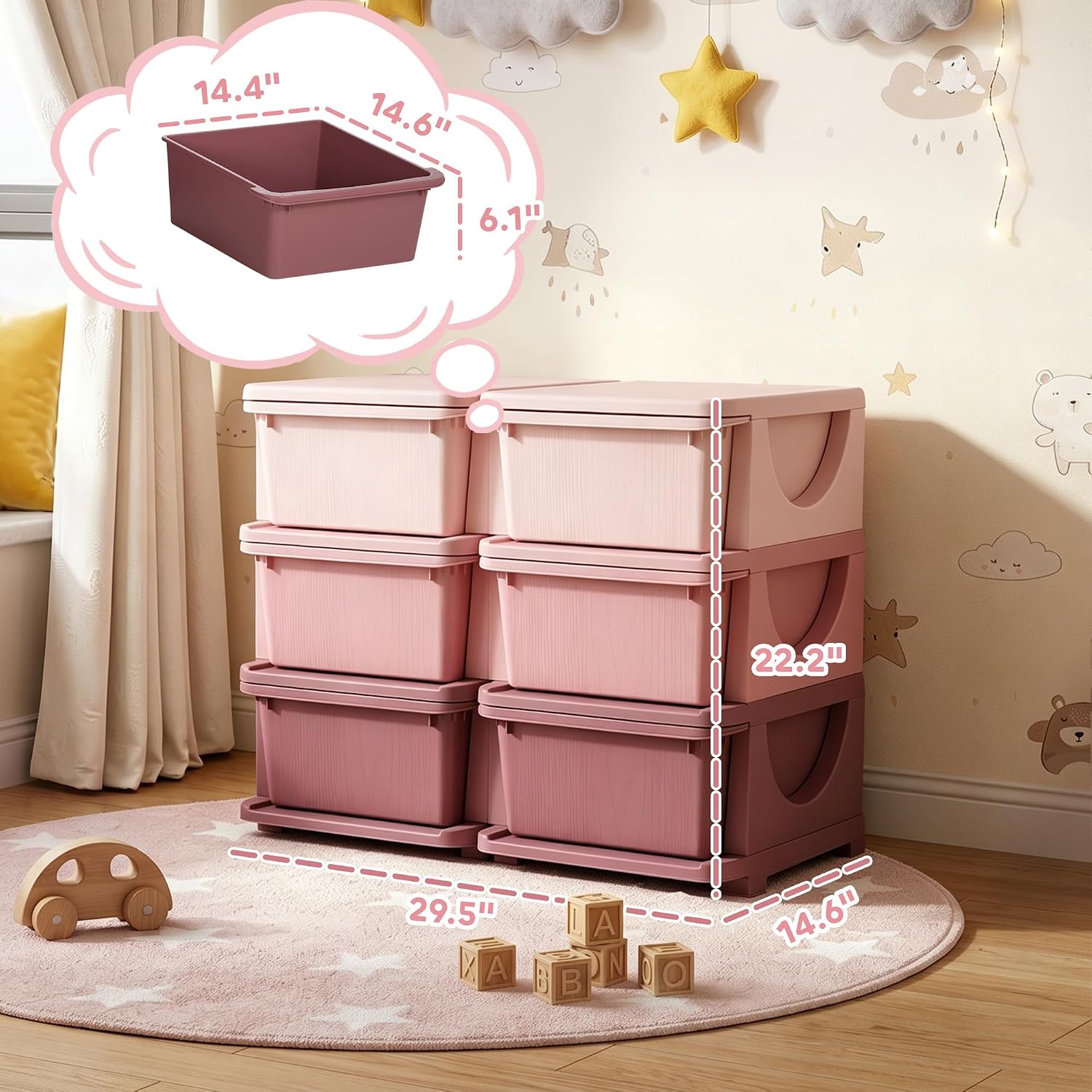 Thumbnail 2 de Qaba 6-Drawer Kids Storage Unit, 3-Tier Pink Toy Organizer