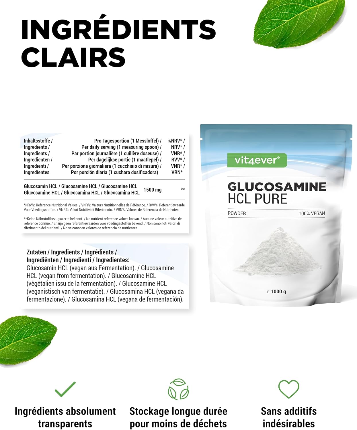 Detalle 1 de Glucosamine HCL Pure poudre 1 000 g vegan 🍶
