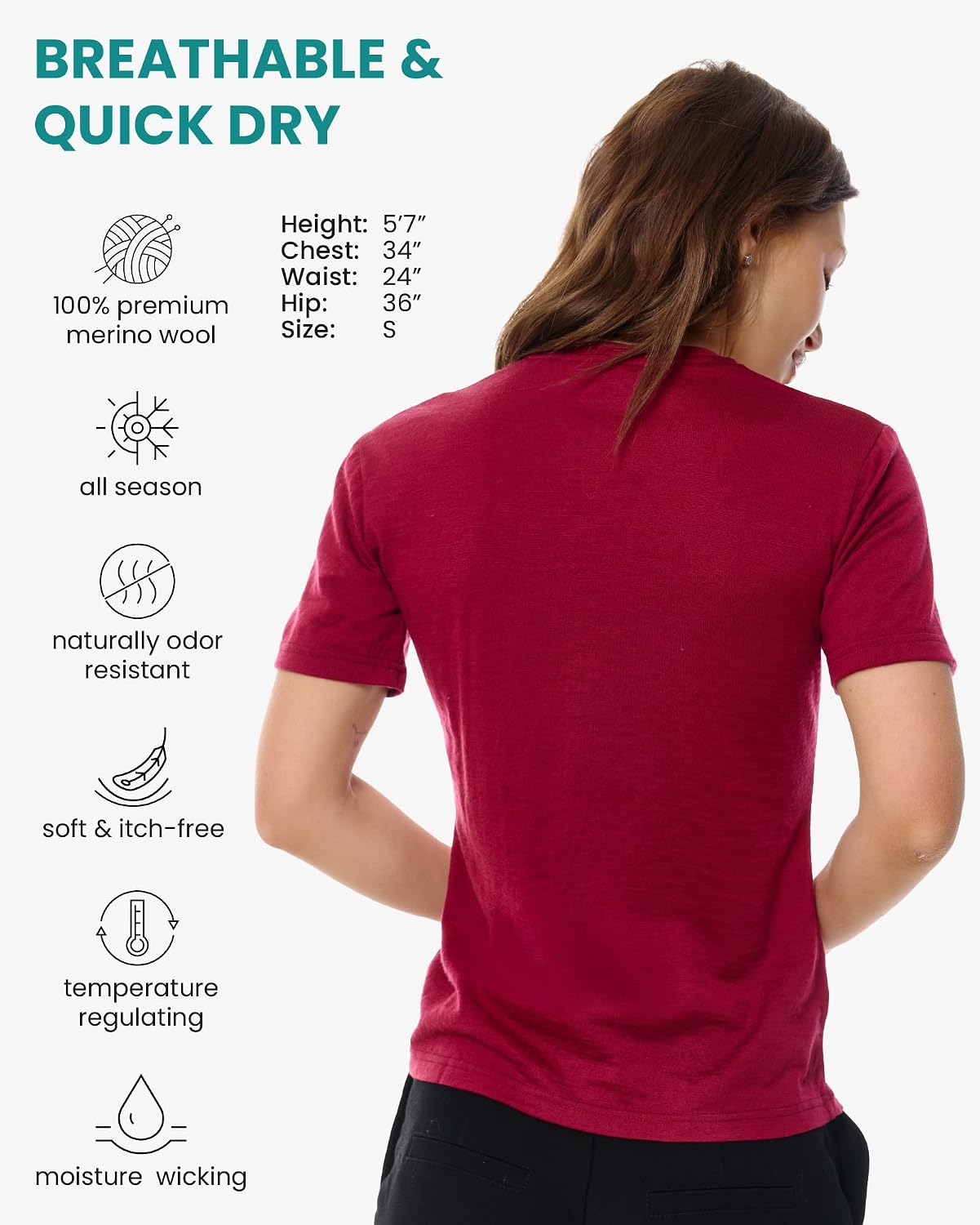 Detalle de Merino.tech Maglietta Donna in lana merino 100% a manica corta (165 g/m²)