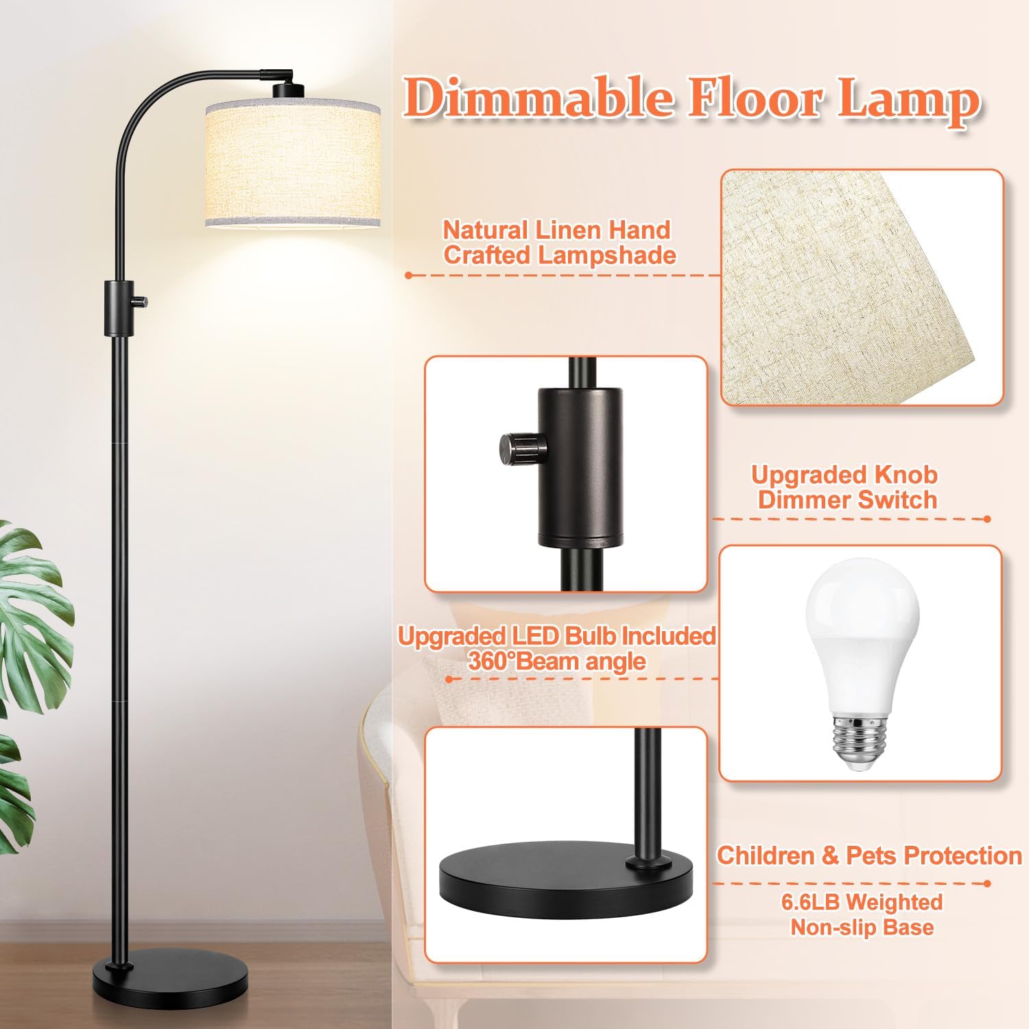 Thumbnail 3 de Nintiue F1599 Arc Floor Lamp, Dimmable 1,200-Lumen LED, Linen Shade