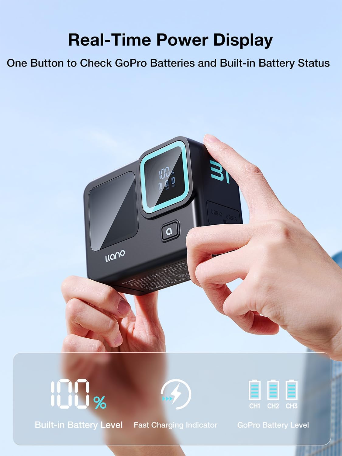 Thumbnail 6 de llano 3-in-1 3-Slot Fast Battery Charger for GoPro Hero 12/11/10/9 with 12800mAh Built-in Pack