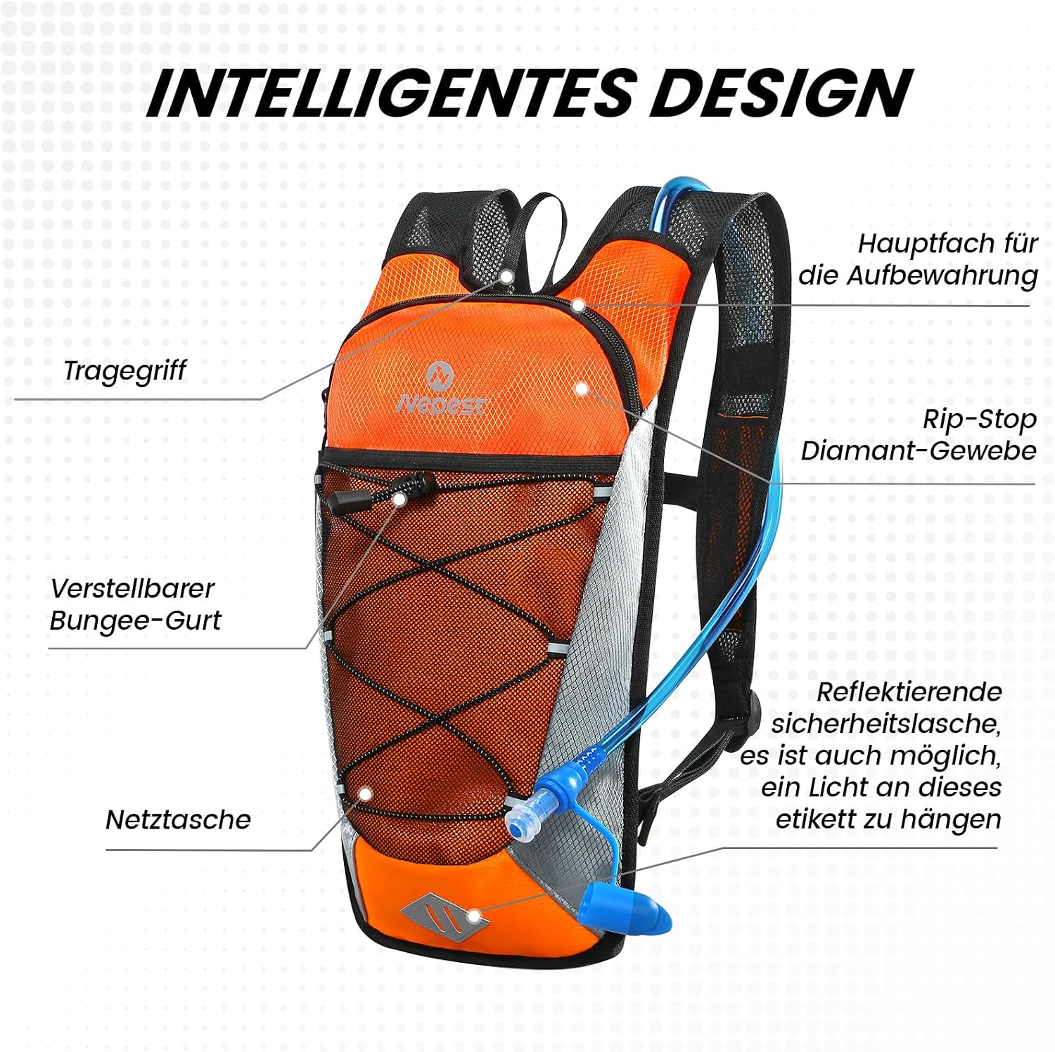 Detalle de Nepest 6L Fahrradrucksack mit 2L Trinkblase – Leicht, atmungsaktiv und wasserdicht (Orange)