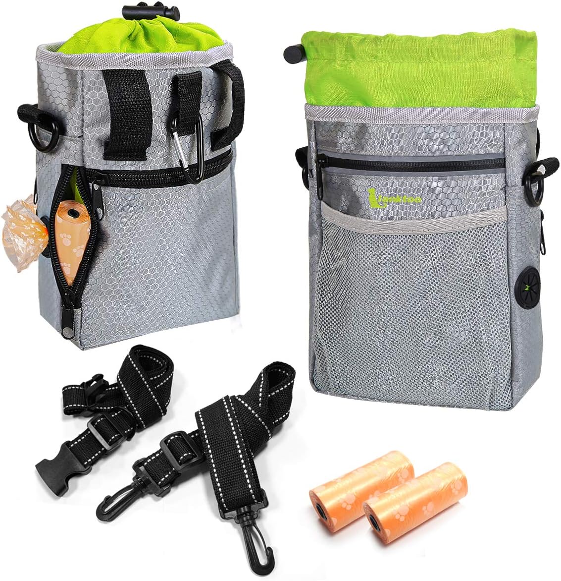Detalle de Lanktoo Dog Treat Pouch Bag with Poop Bag Holder (Grey+Green) – Waterproof, versatile walking companion