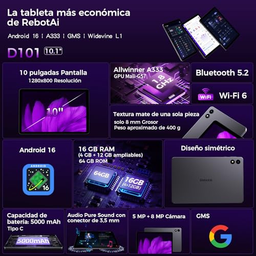 Detalle 2 de RebotAi 2026: Tableta Android de 10” con Gemini AI 2.0, 16 GB RAM y 1 TB de expansión
