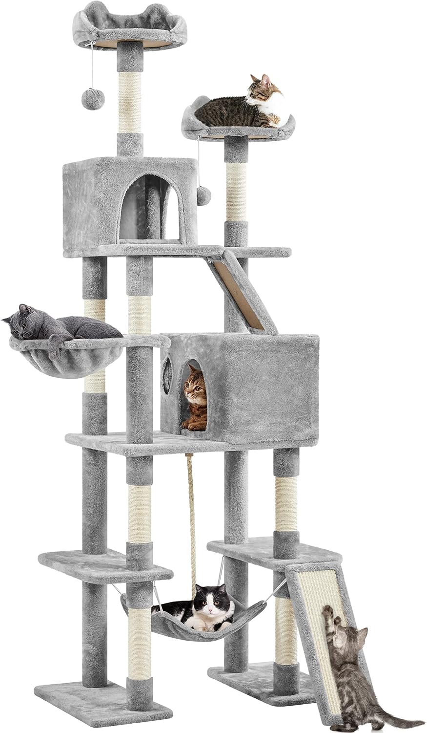 Detalle de Yaheetech Albero Tiragraffi per Gatti 209 cm in Truciolato e Corda in Sisal con Condomini, Amaca e Pisolini Multilivello – Grigio Chiaro