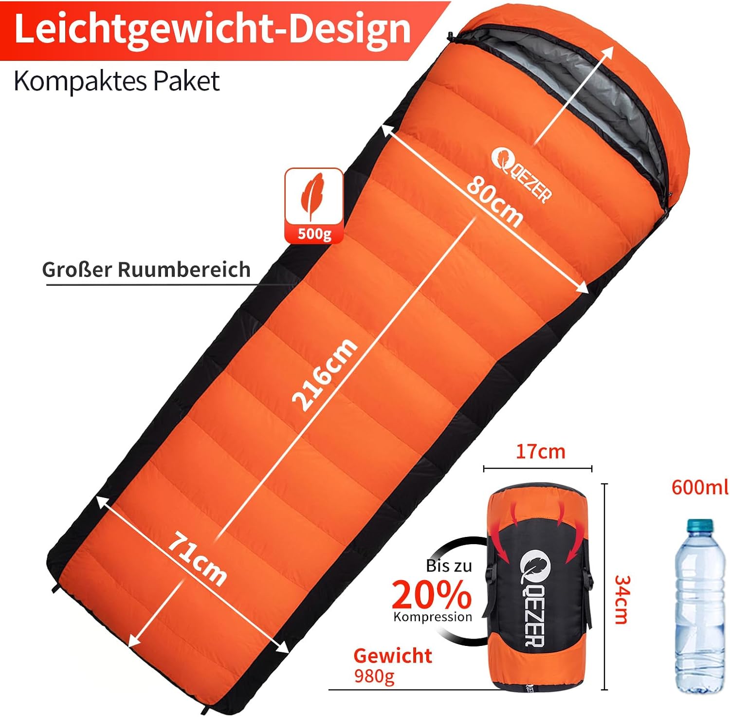 Thumbnail 1 de QEZER Daunenschlafsack – Premium 600FP+ Daunen, 12°C bis -24°C, leicht & kompakt (216 x 80 x 71 cm)