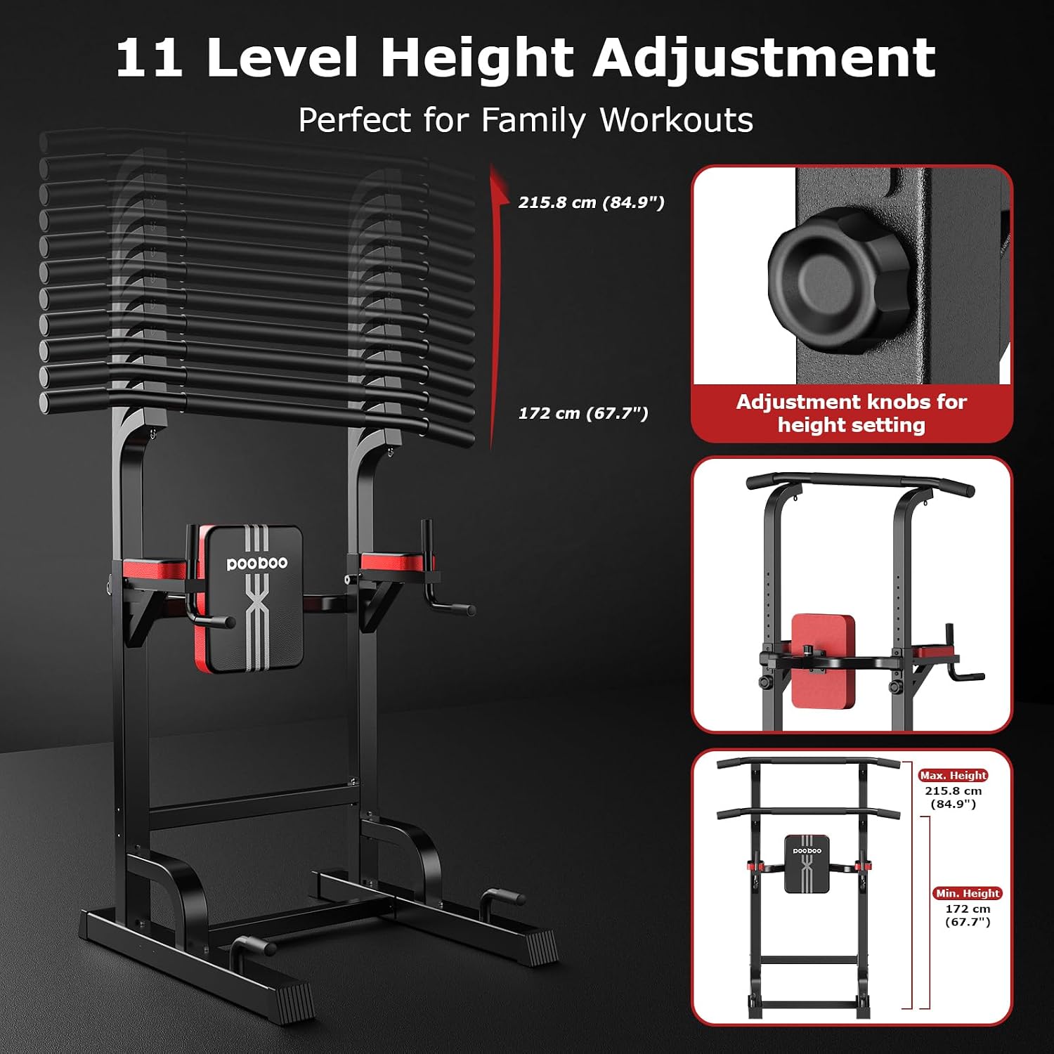 Detalle 2 de pooboo Power Tower Dip Station, 11-Height Adjustable Home Gym