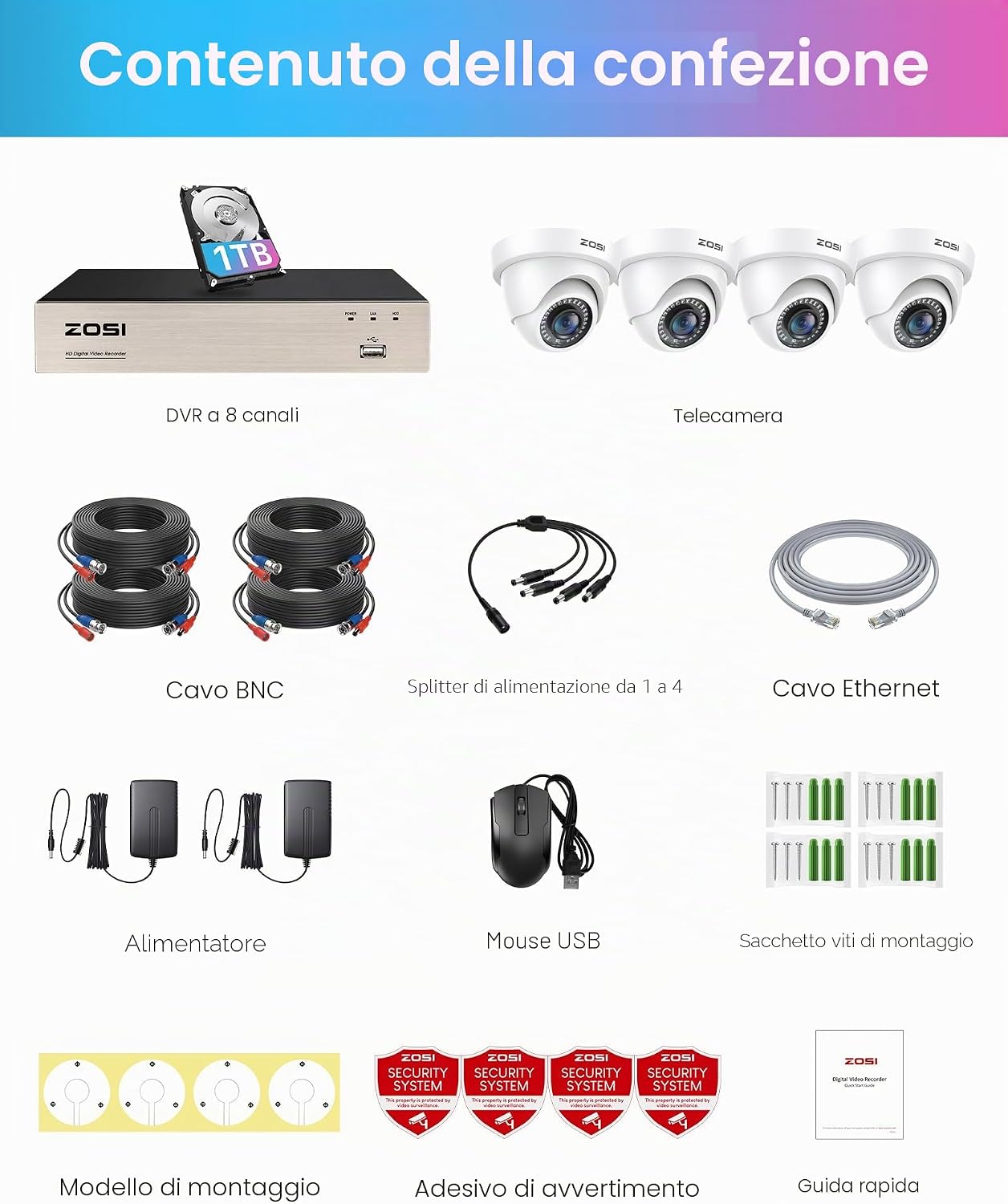 Thumbnail 6 de ZOSI 1080P Kit Videosorveglianza 8CH H.265+ con DVR 1TB e 4 Microtelecamere Dome interne/esterne
