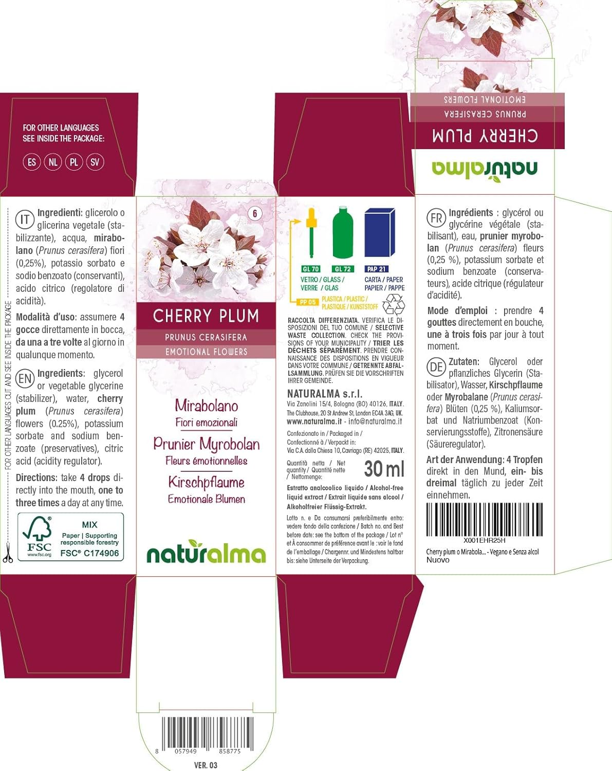 Detalle 2 de Cherry plum o Mirabolano (Prunus cerasifera) Fiori emozionali Naturalma – Gocce 30 ml senza alcol