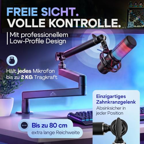 Detalle 2 de MNTPRO Mikrofonarm Schreibtisch Low Profile – 80 cm Reichweite, Absinksicher, 2 kg Tragkraft