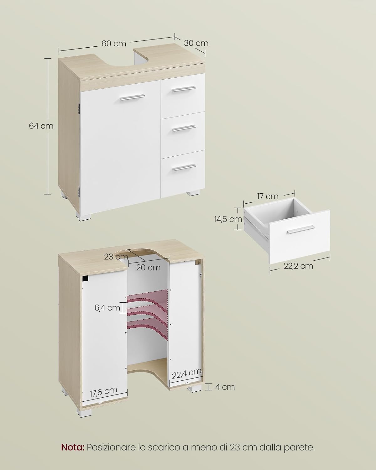 Detalle de VASAGLE Mobile sottolavabo BBK514LL01 30 x 60 x 64 cm bianco nuvola e beige naturale, con 3 cassetti laterali