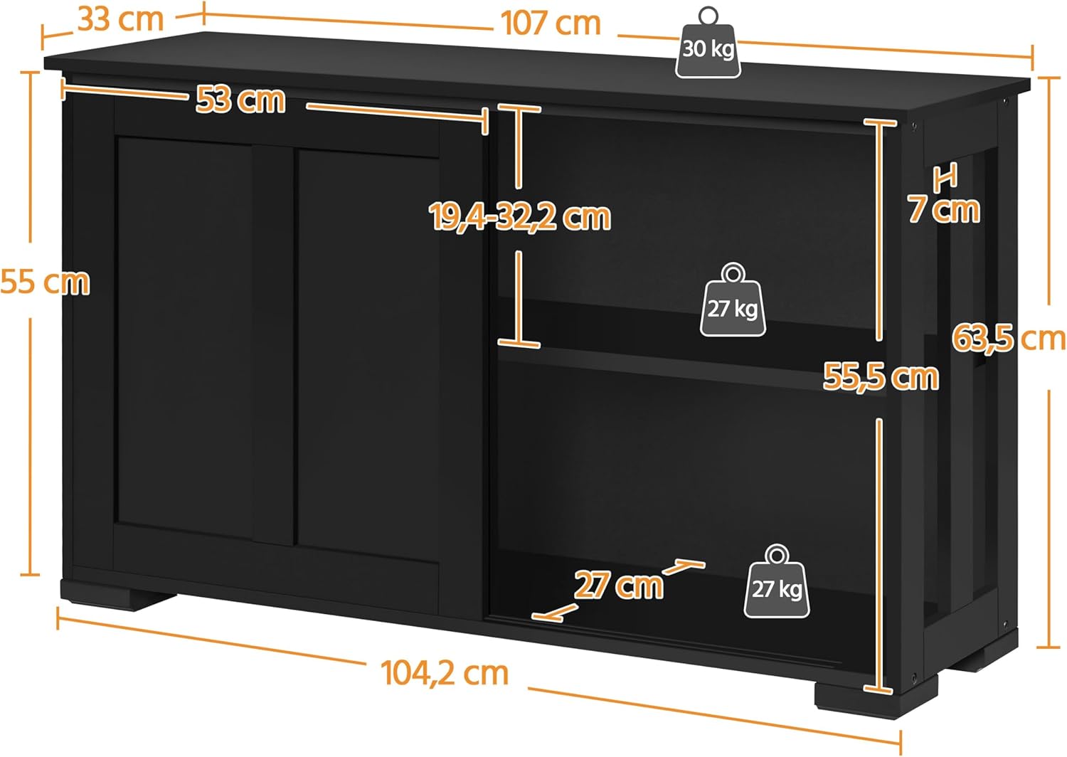 Detalle de Yaheetech stackable sideboard/buffet cabinet in black with sliding doors and adjustable shelf (106.7 x 33 x 63 cm)