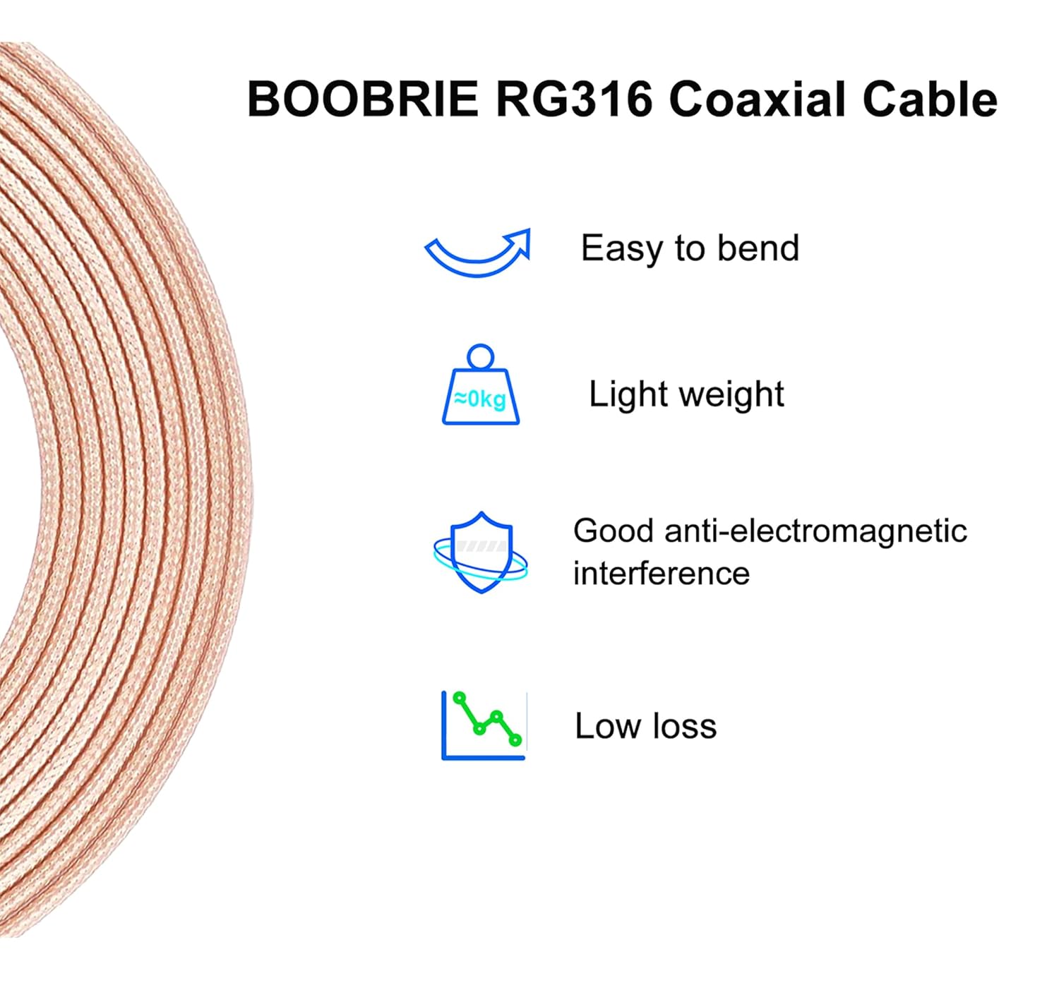 Thumbnail 2 de Boobrie RG316 BNC Cable 30cm: BNC Male to Male Coaxial Cable, 50 ohms, HD-SDI for CCTV and More