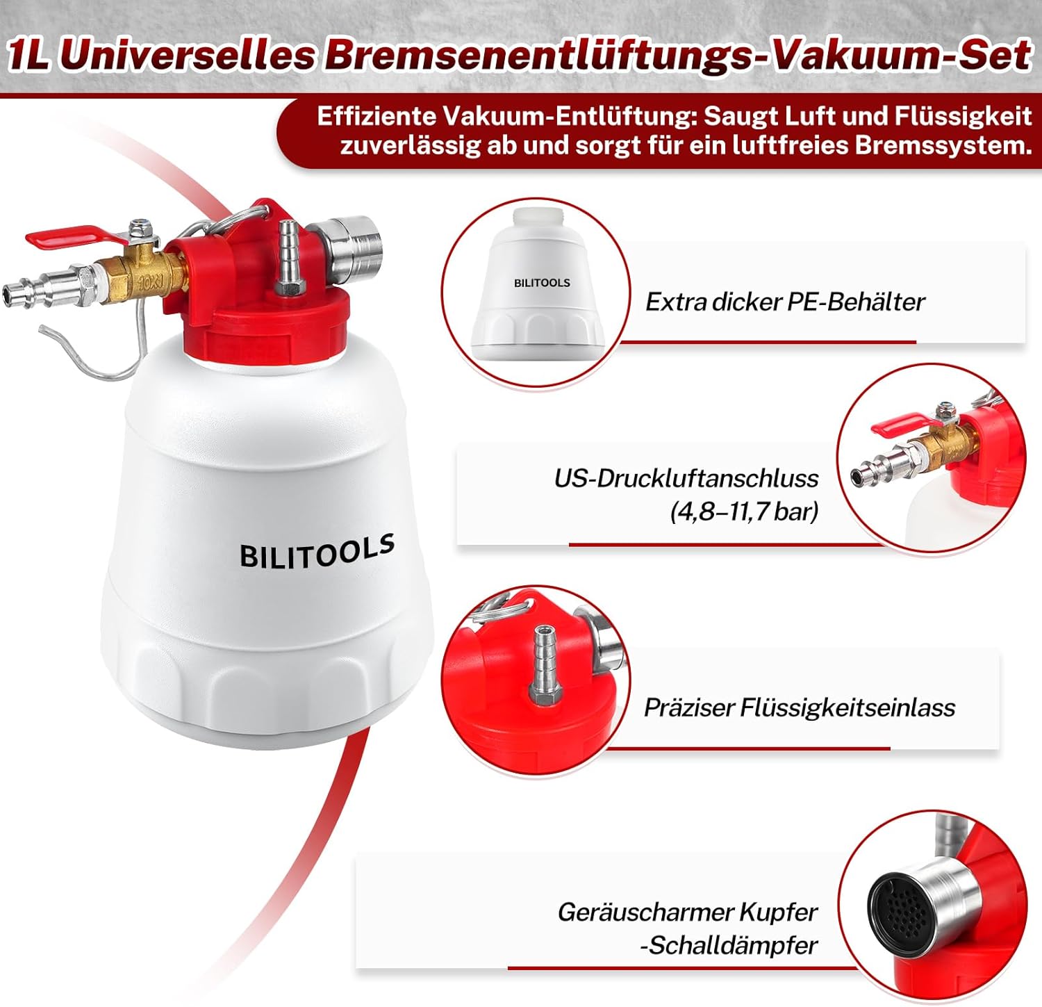 Thumbnail 2 de BILITOOLS 1L Bremsenentlüftungsgerät für Motorrad & KFZ mit Druckluft/Vakuum und 4 Adaptern