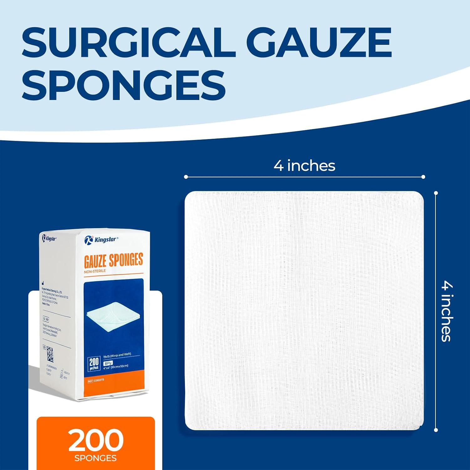 Detalle de Kingstar 4 x 4 Inch 8-Ply Cotton Gauze Sponges, 200 Count