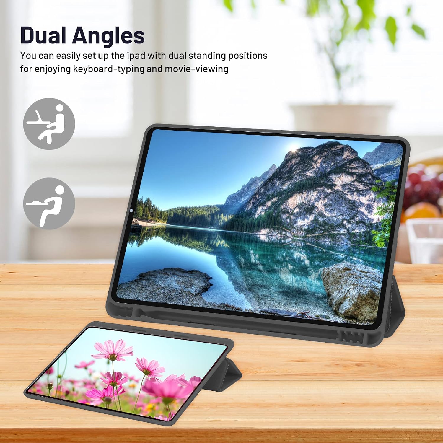 Detalle de Hülle für iPad 9.Gen / 8. Gen / 7. Gen (10,2 Zoll) mit Stifthalter, Trifold-Stand, Auto Schlafen/Wachen – Schwarz