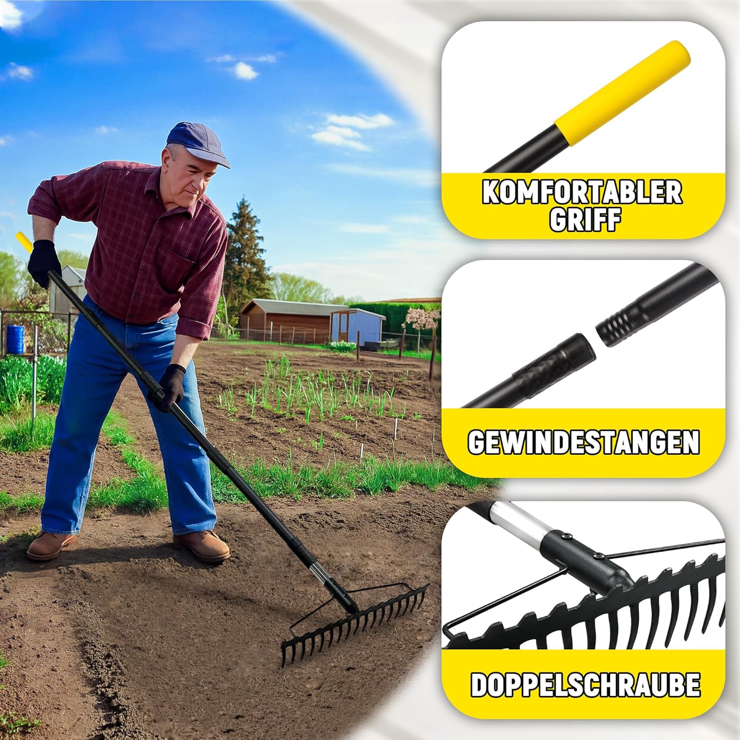 Detalle de BlumeTrec Gartenrechen 1,7 m – 17 Zinken, Zwei-Seiten Kopf, Edelstahlgriff