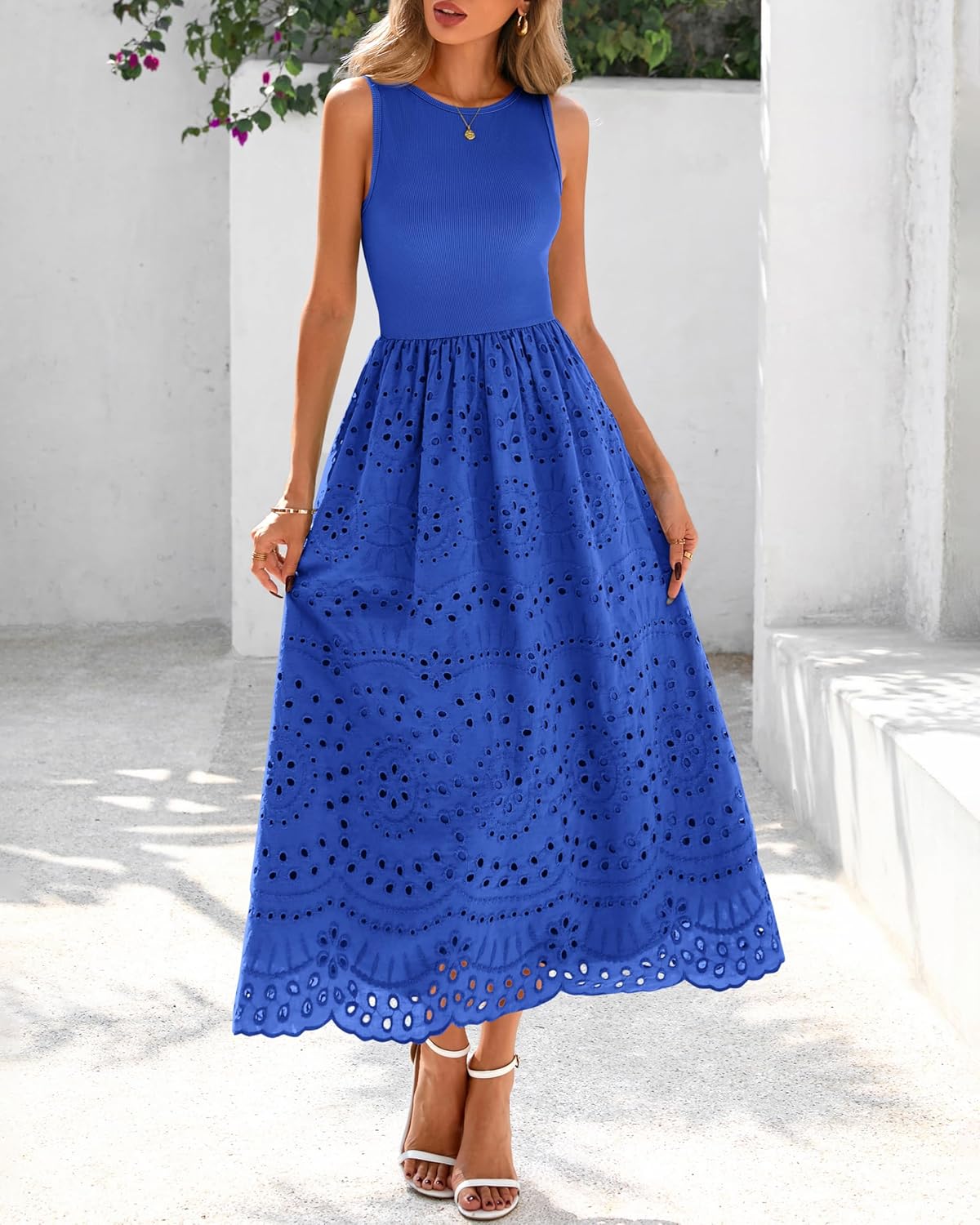 Thumbnail 6 de dowerme Women’s Boho Lace Eyelet Cotton Tank Maxi Dress with Pockets