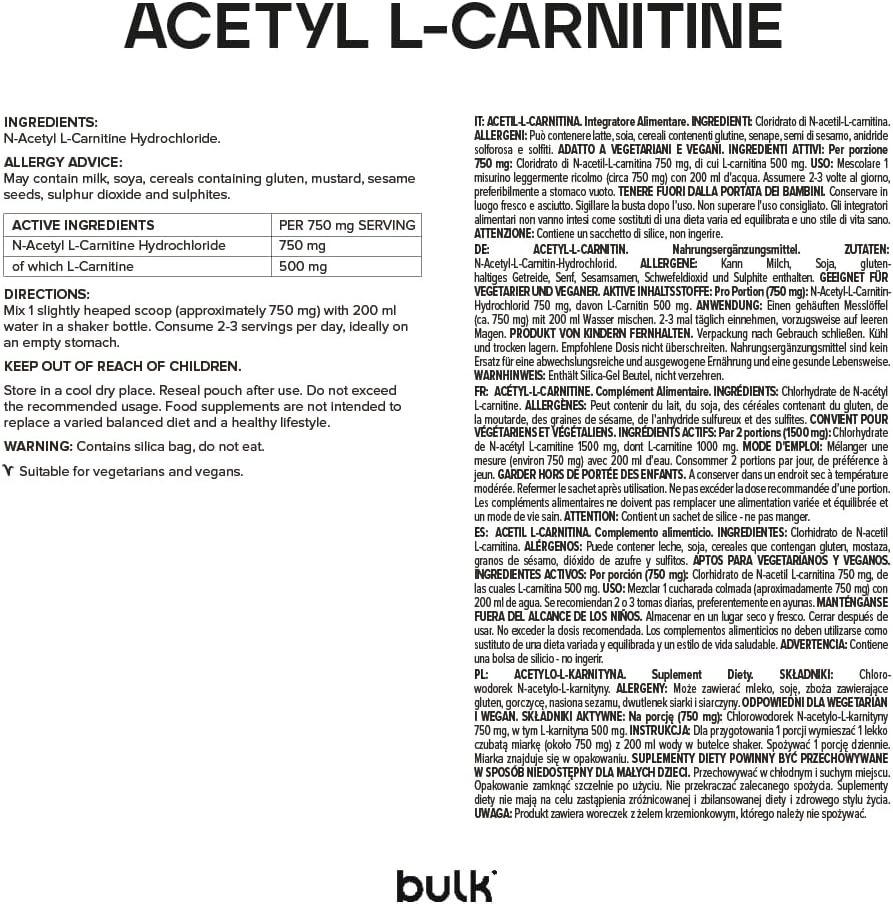 Detalle 2 de Bulk Acetil-L-carnitina 500 g — 666 porzioni: purezza al 100% per supportare la funzione cerebrale e l’energia quotidiana