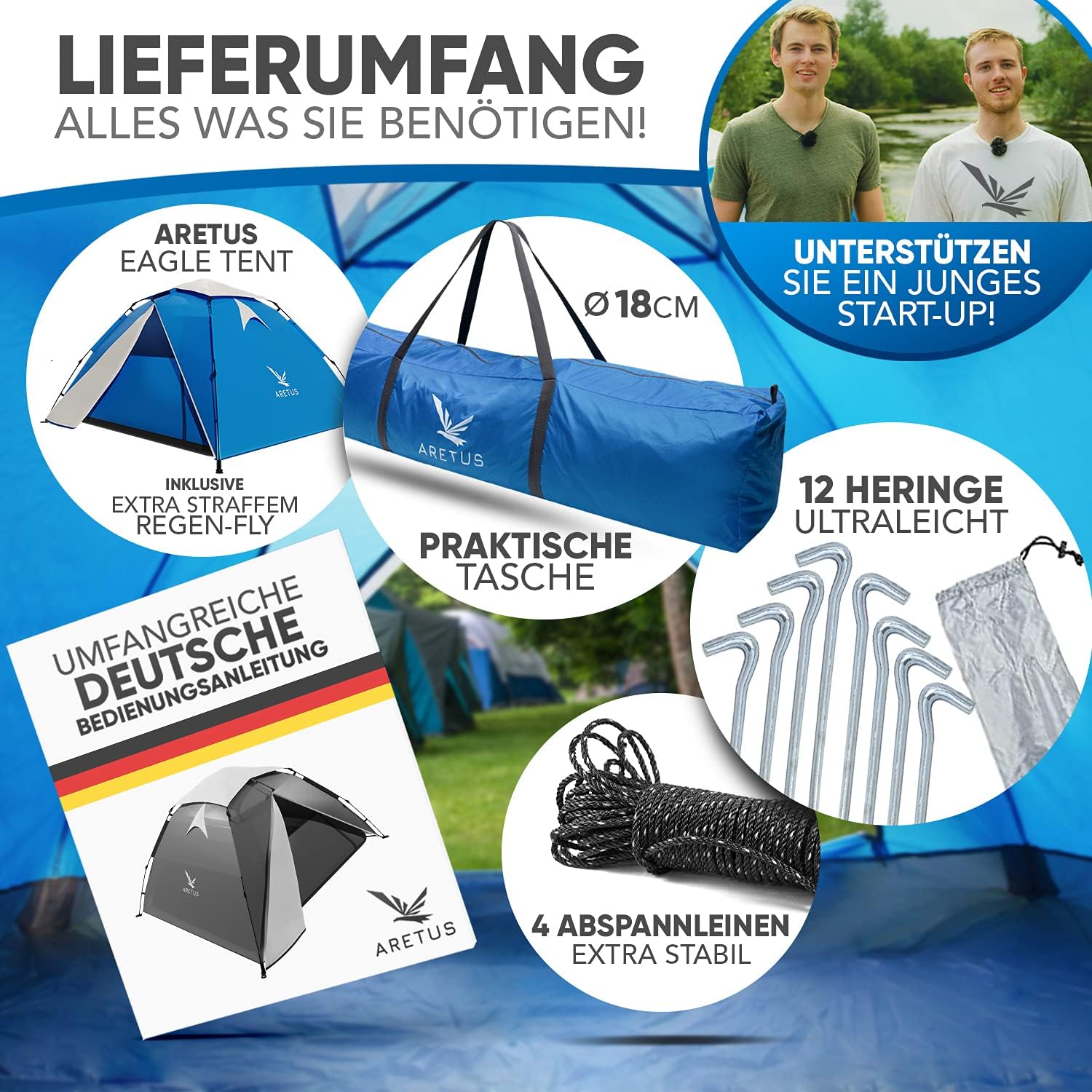Detalle de Aretus Wurfzelt 2–4 Personen: extra wasserdicht, stabil und blitzschneller Aufbau