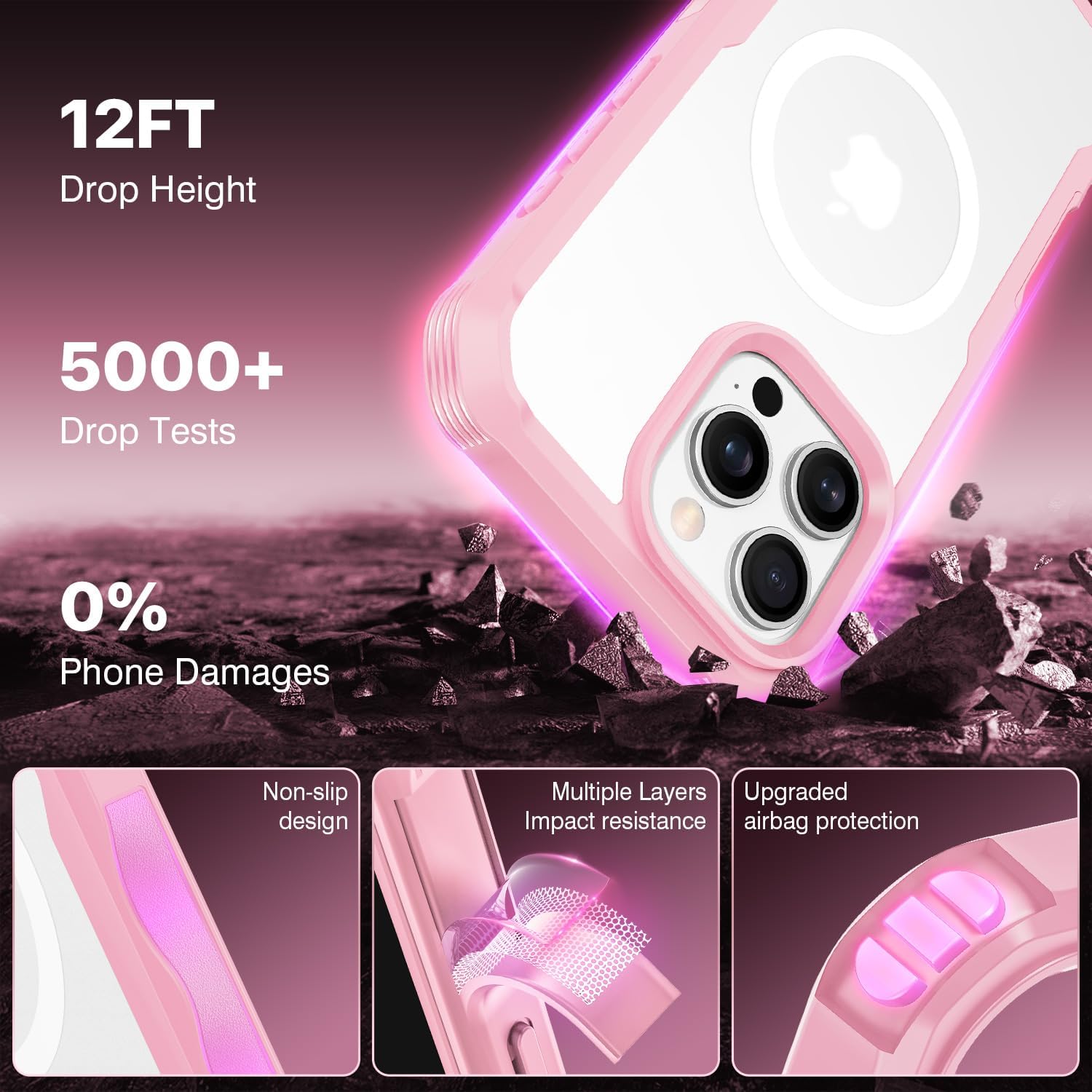 Thumbnail 3 de CENHUFO iPhone 16 Pro Max case with built-in 9H glass screen protector, camera lens protector and MagSafe support (Pink)