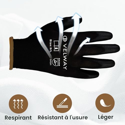 Detalle de Velway Gants de Travail Enduits PU 12 Paires Noir – Taille L ( 25 cm )