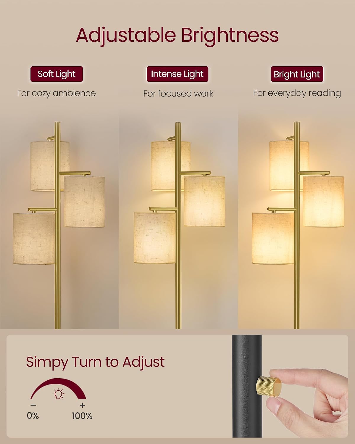 Thumbnail 2 de VASAGLE LFL003B01 Floor Lamp, 3 Bulbs, Dimmable, Gold and Black