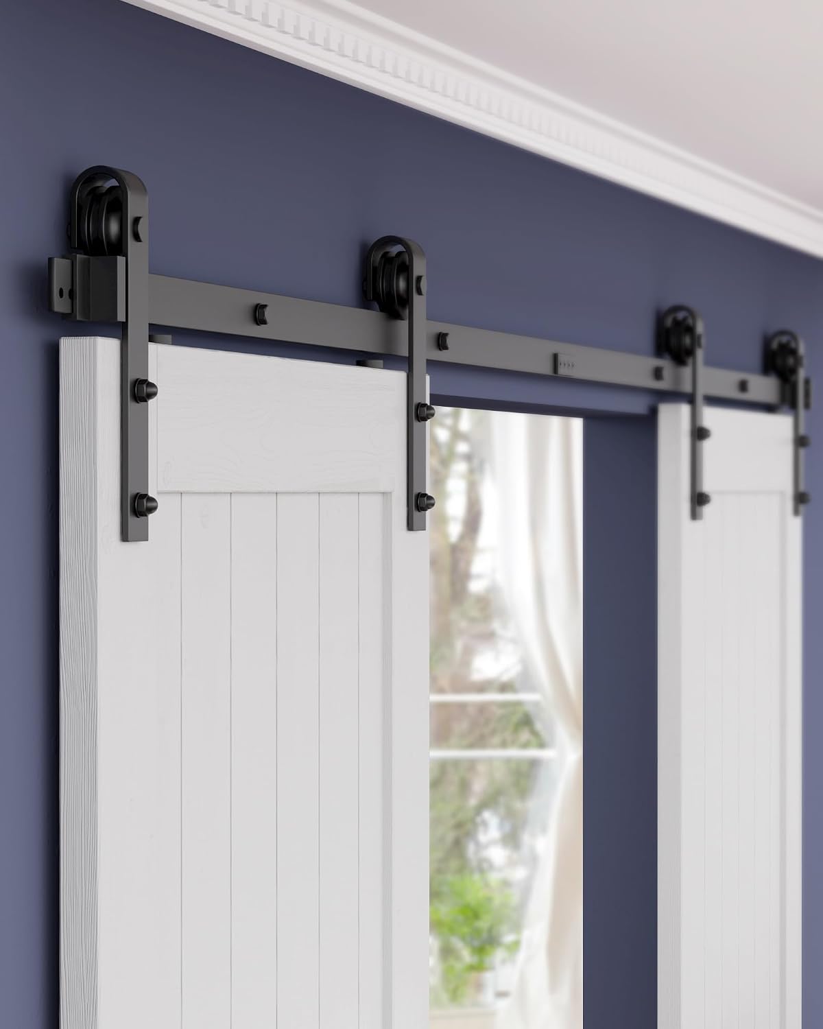 Detalle 2 de ZEKOO GCM3727 11 ft Double Barn Door Hardware Kit, Steel Rail, 260 lb Capacity