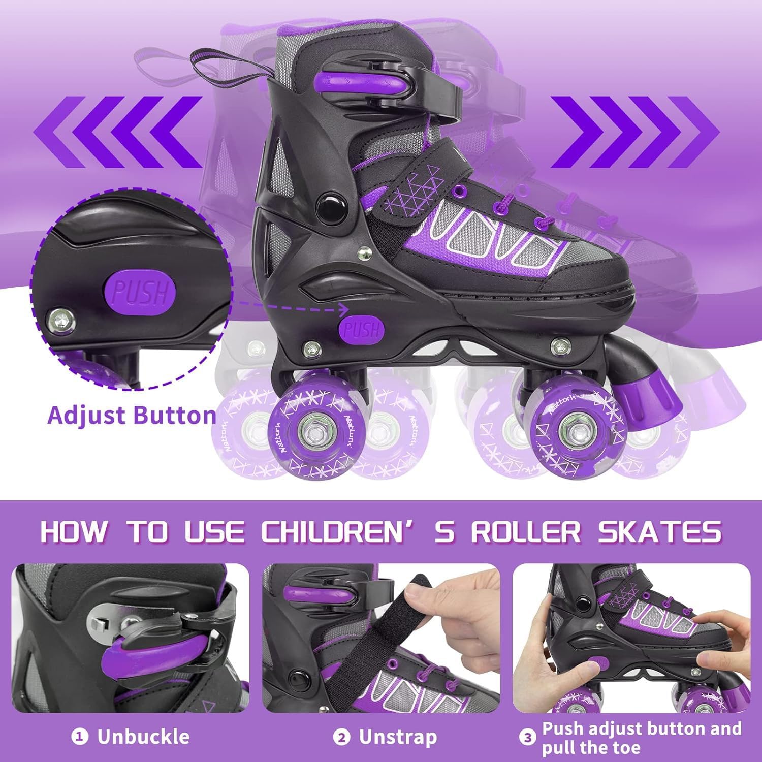 Thumbnail 3 de Nattork Adjustable Roller Skates for Kids (4 Size Adjustable) with Light-Up Wheels