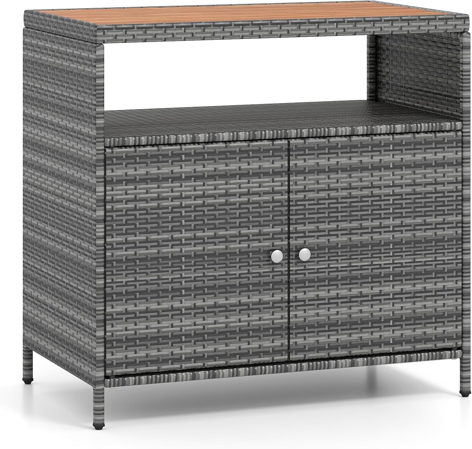 COSTWAY Gartenschrank Rattan: Terrassenschrank mit Akazienholz-Arbeitsplatte, 90 x 53 x 86 cm, Grau