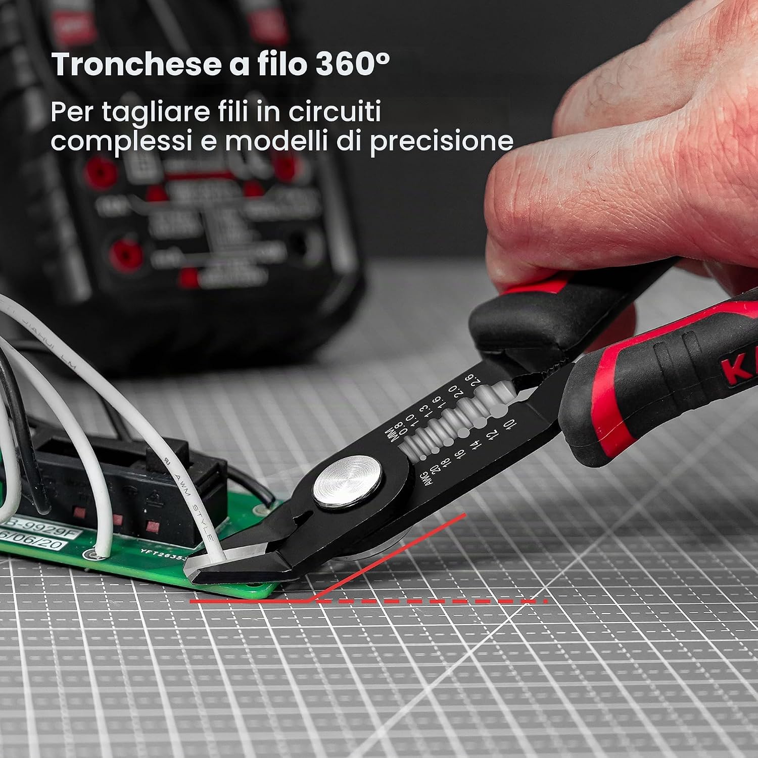 Detalle de KAIWEETS 3 in 1 Pinza da Taglio Diagonale: Spelafili, Tagliafili e Clip di Sicurezza per Elettricisti