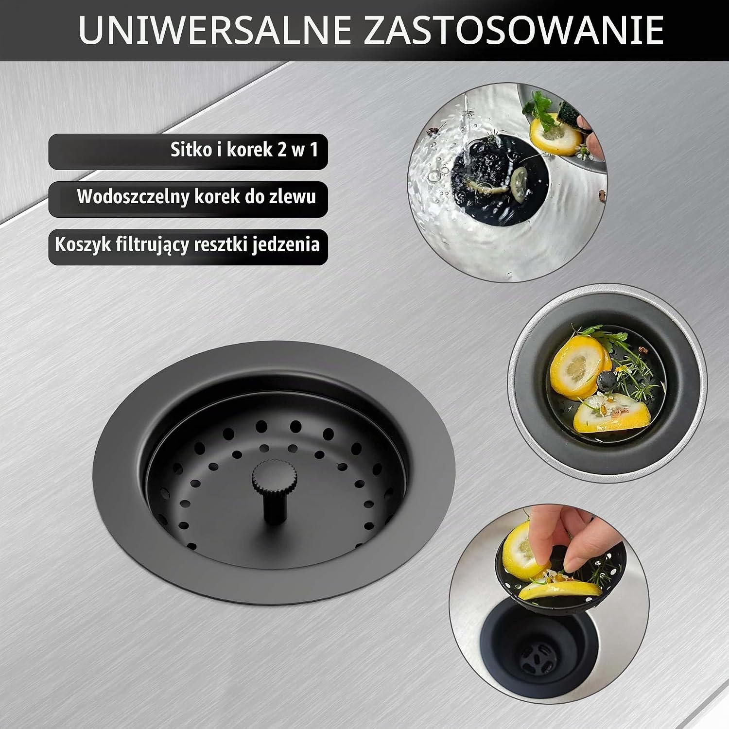 Detalle de EXAKEY odpływ do zlewu kuchennego, stal 304, matowa czerń i wyjmowany koszyk