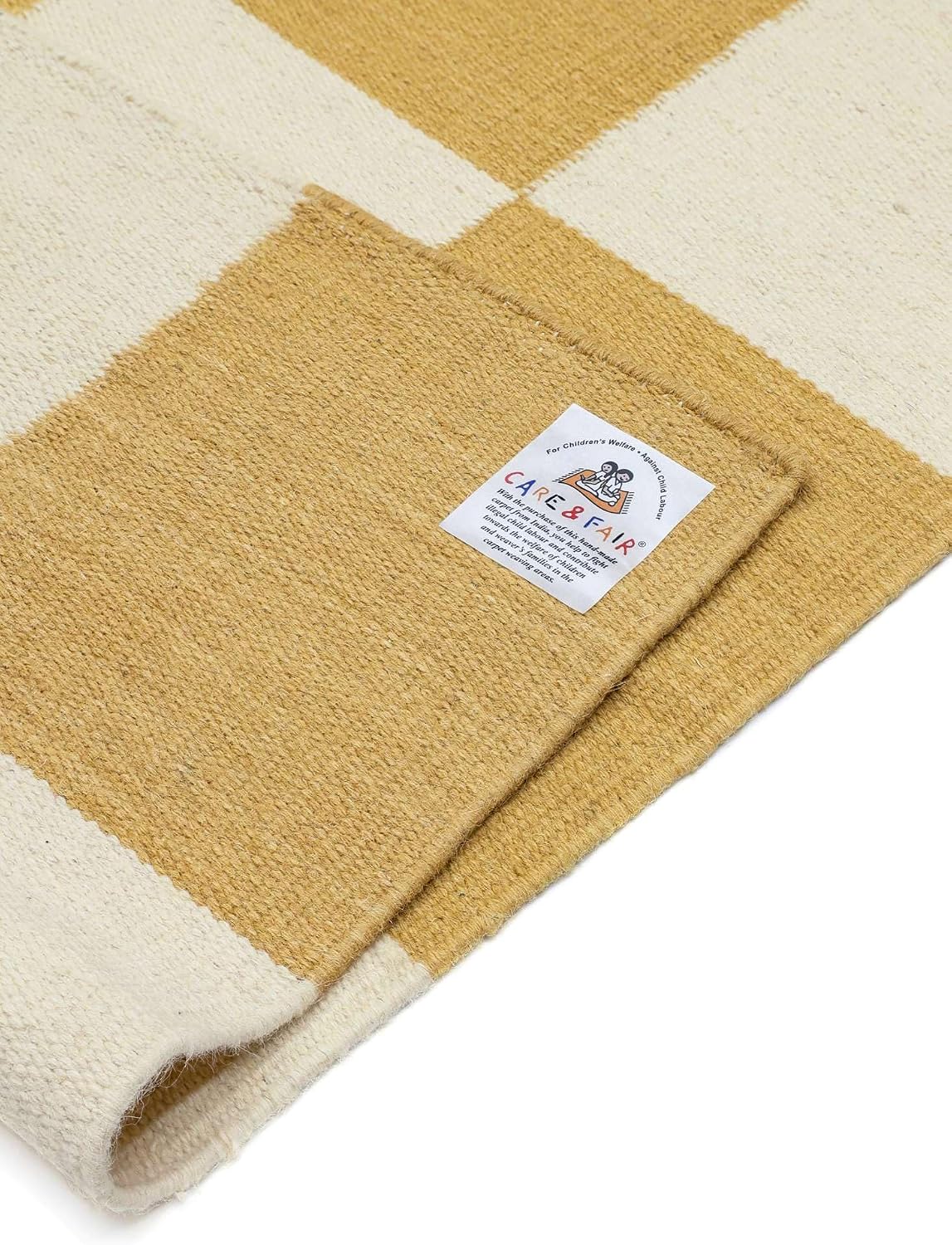 Detalle 1 de RugVista Classic Chess Runner Rug, 80 x 250 cm, Yellow Wool-Cotton, Oeko-Tex 100