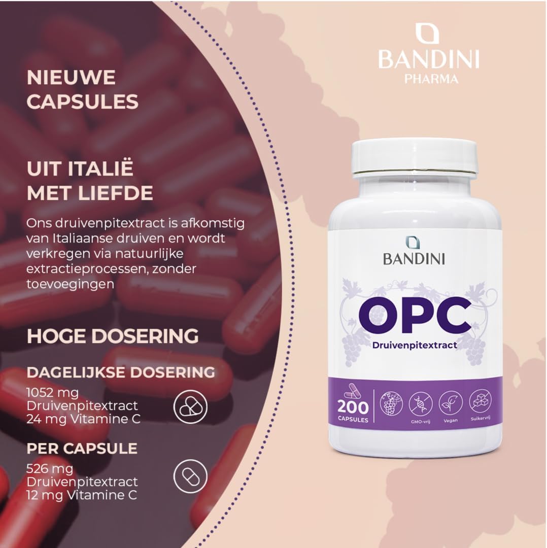 Detalle 2 de BANDINI OPC 95% druivenpitextract, 200 capsules met vitamine C