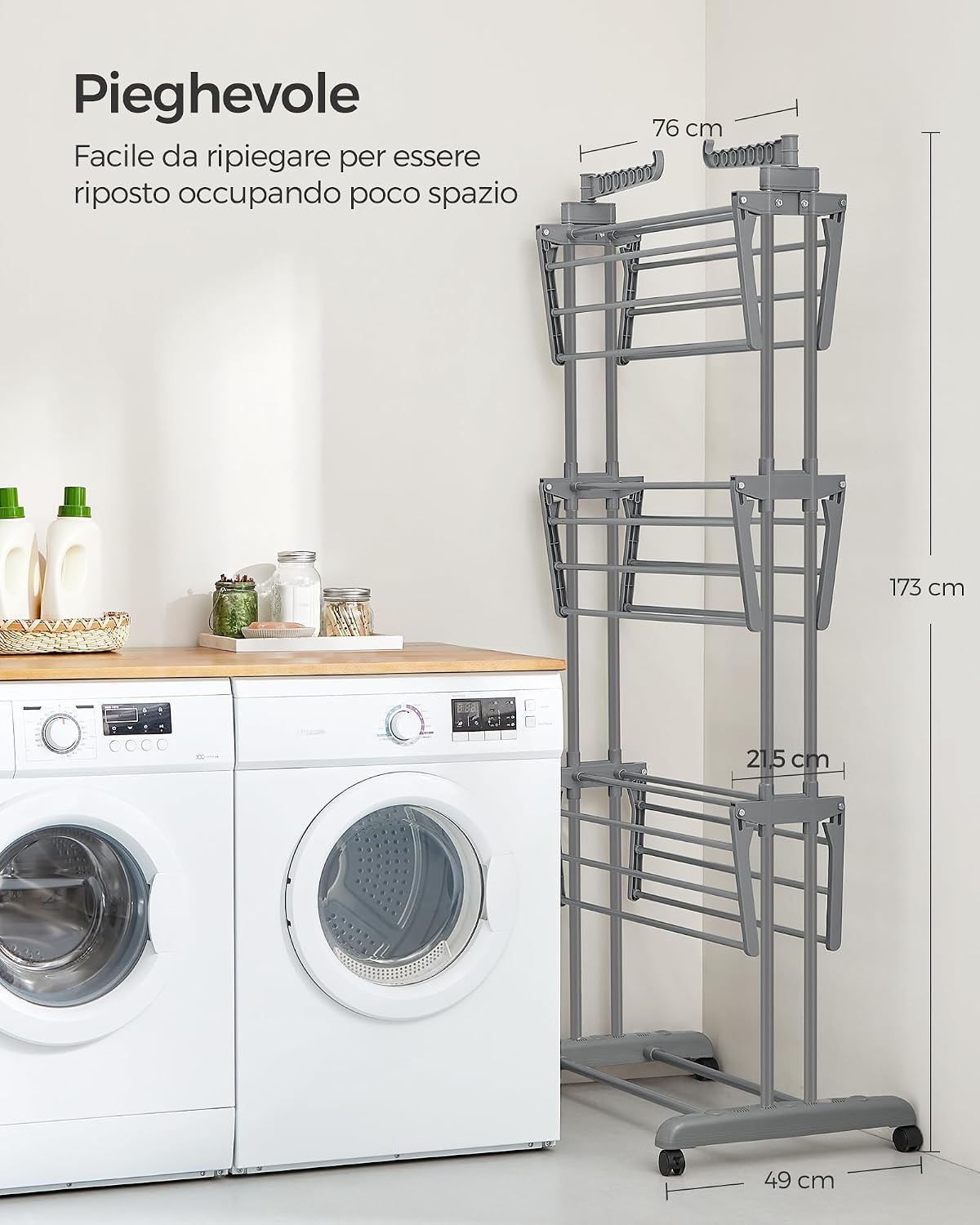 Detalle de SONGMICS LLR701G01 stendibiancheria pieghevole a 4 livelli con ruote e ali richiudibili