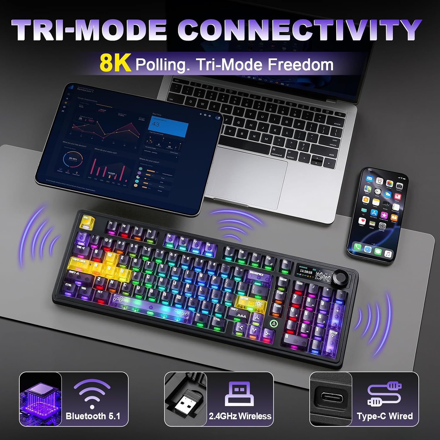 Detalle de MIKIBY AK980 Pro Wireless Mechanical Gaming Keyboard, Purple, TFT Display
