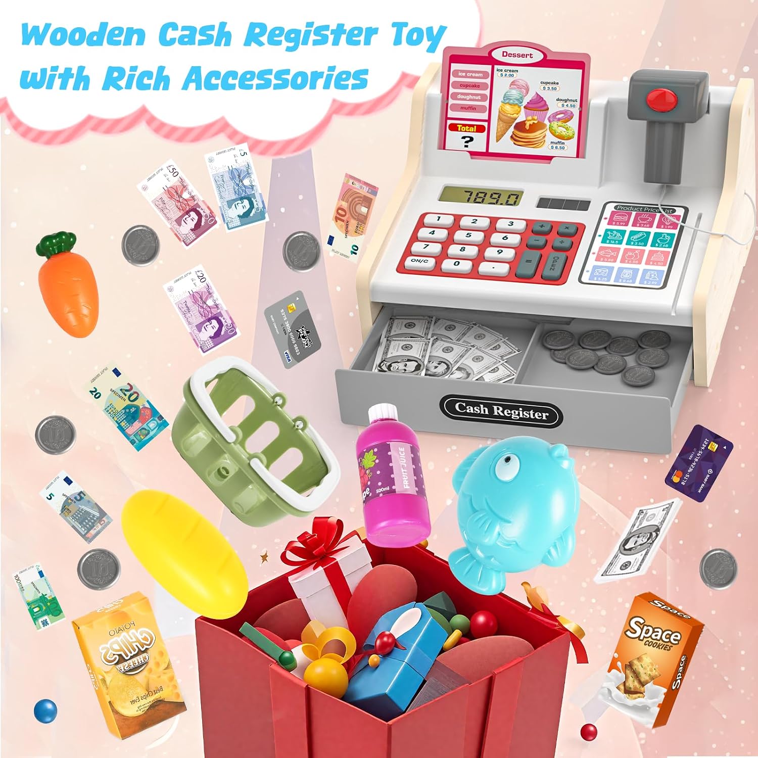 Thumbnail 3 de maysida 818-503M houten speelgoedkassa met scanner en winkelaccessoires