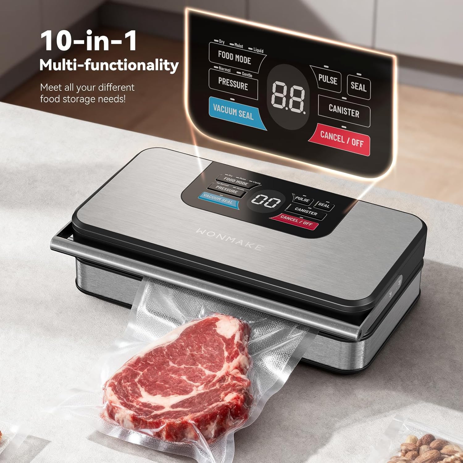 Detalle 2 de 95kPa 10-in-1 Fully Automatic Vacuum Sealer Machine (Digital Display, Built-in Cutter, Roll Storage, Stainless Steel)