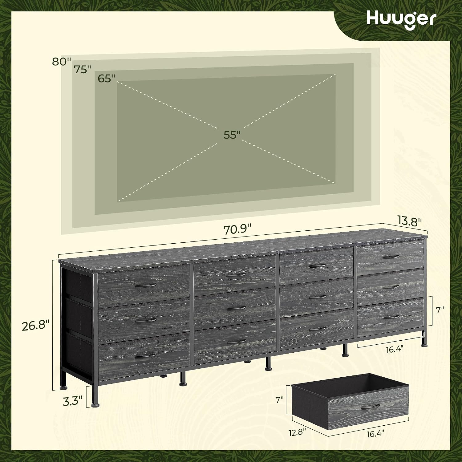 Thumbnail 2 de Huuger 70 Inch Dresser with 12 Fabric Drawers (Charcoal Black Wood Grain) — TV Stand for Up to 80 Inch Screens
