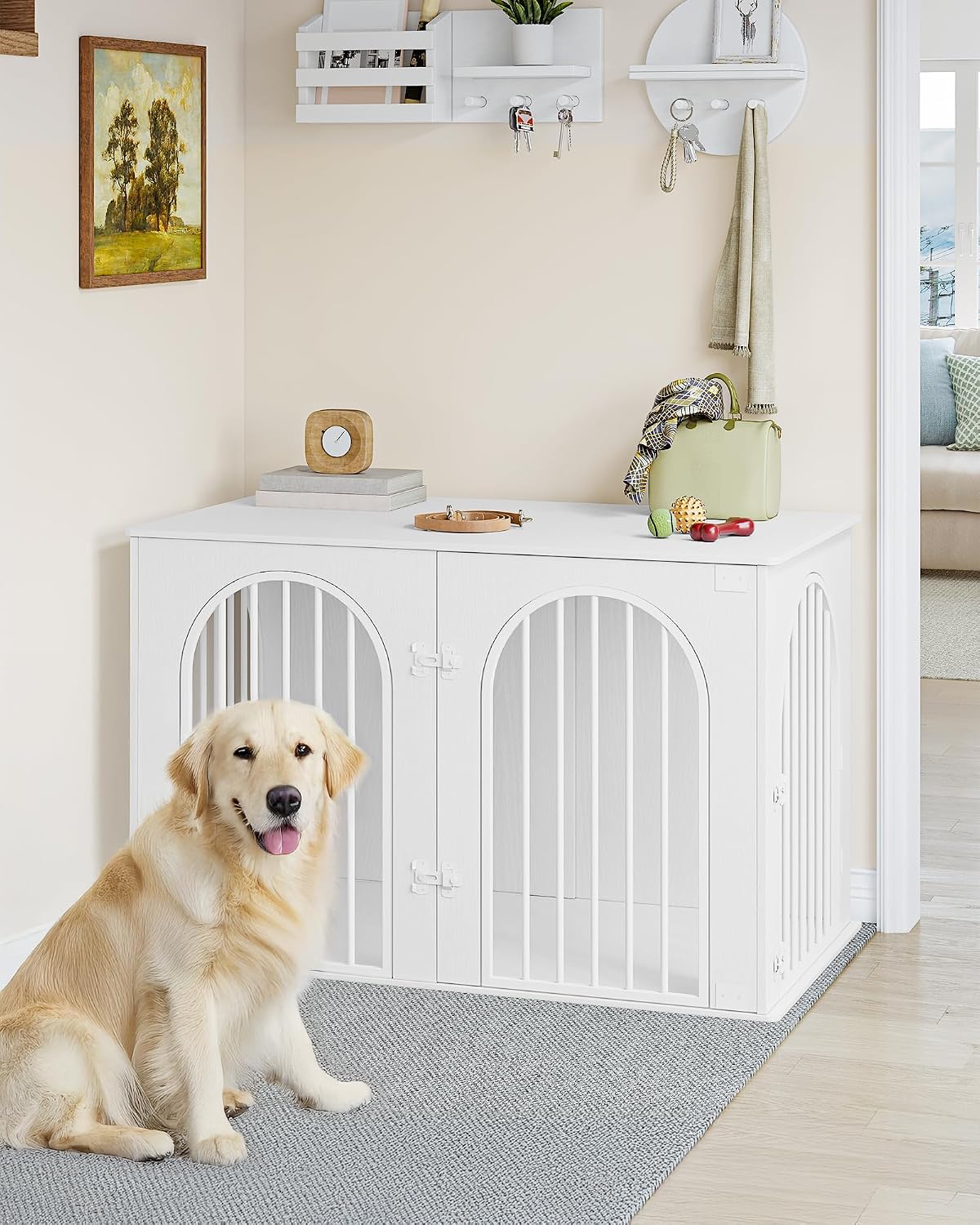 Detalle de Hzuaneri Hundekäfig Möbel DFC86013W – 108 cm Hundebox mit Bogentür und 3 Zugängen