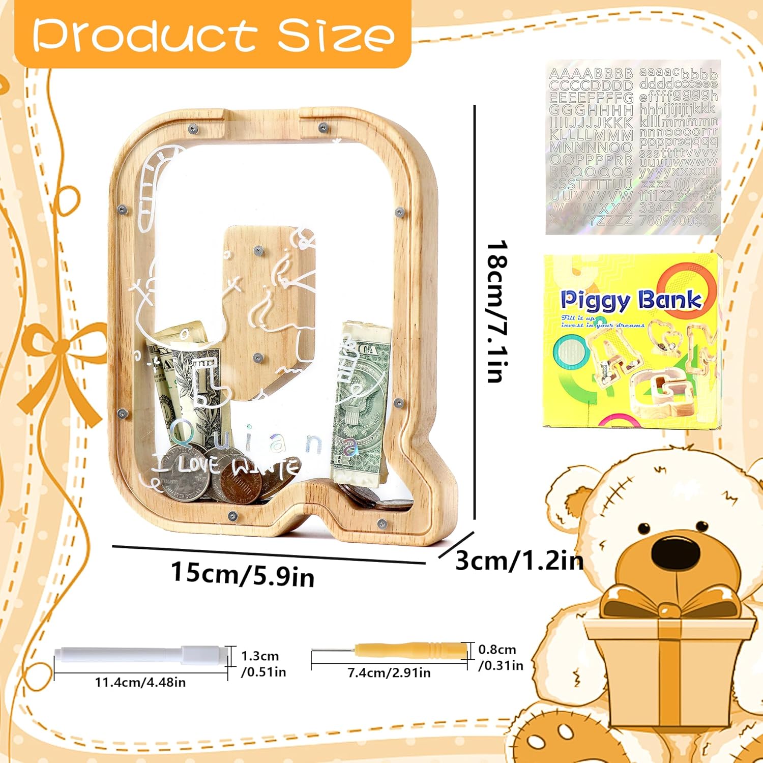 Detalle de Mikytoper Letter Money Box for Kids: Wooden Personalized A-Z Piggy Bank