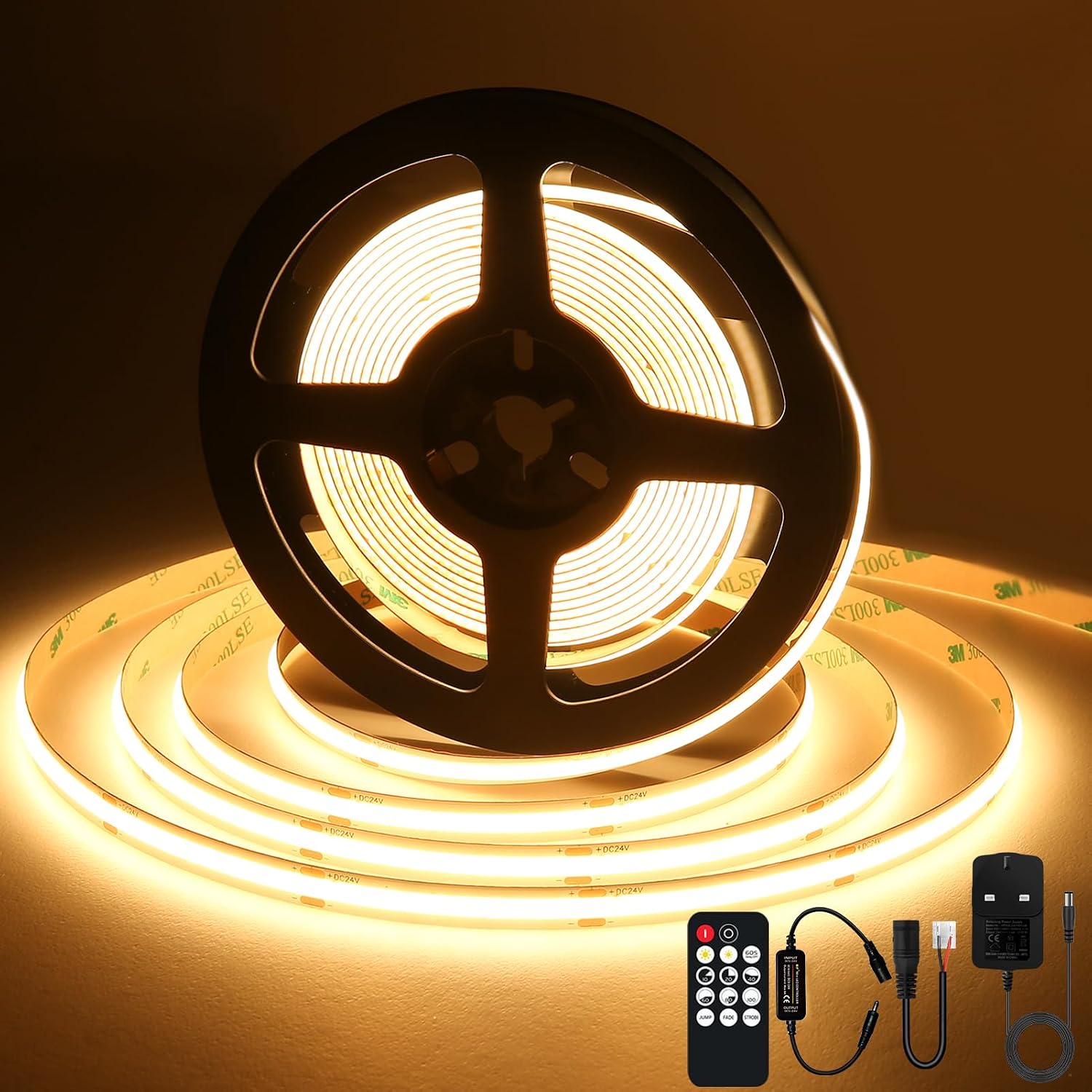 Detalle de SIRYYUI COB LED Strip Lights 5m (Warm White 2700K) with RF Remote & DC24V Power Supply