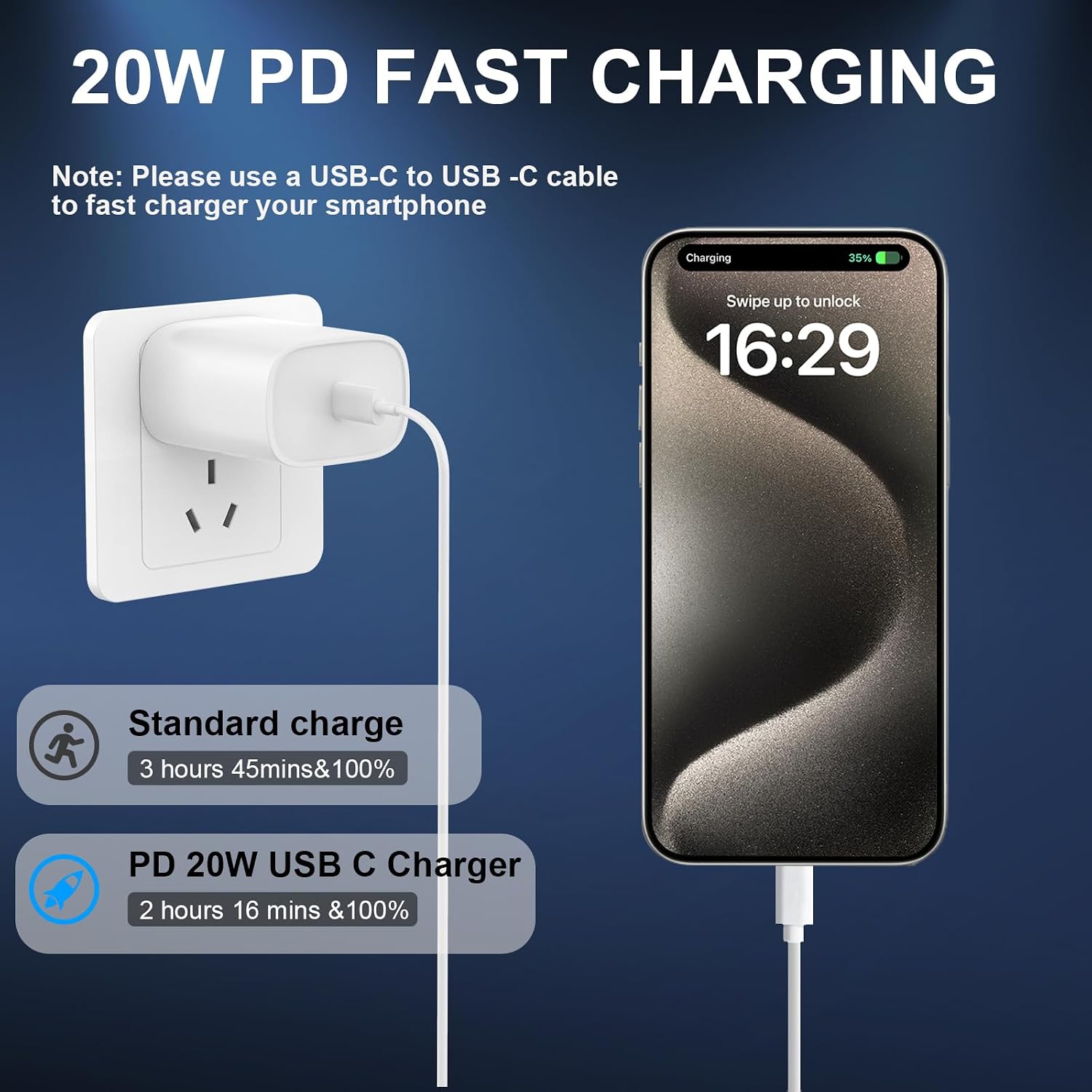 Detalle de Phone 17 16 15 Fast Charger (USB-C) 20W with Type-C Cable, 2-Pack Blocks + 2-Pack 6.6 ft Cables, White