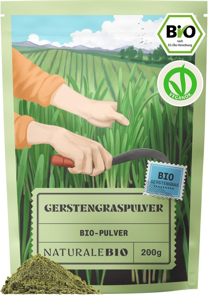 NaturaleBio Gerstengras Pulver 200 g – Bio für Gerstengrassaft, Smoothies & Joghurt